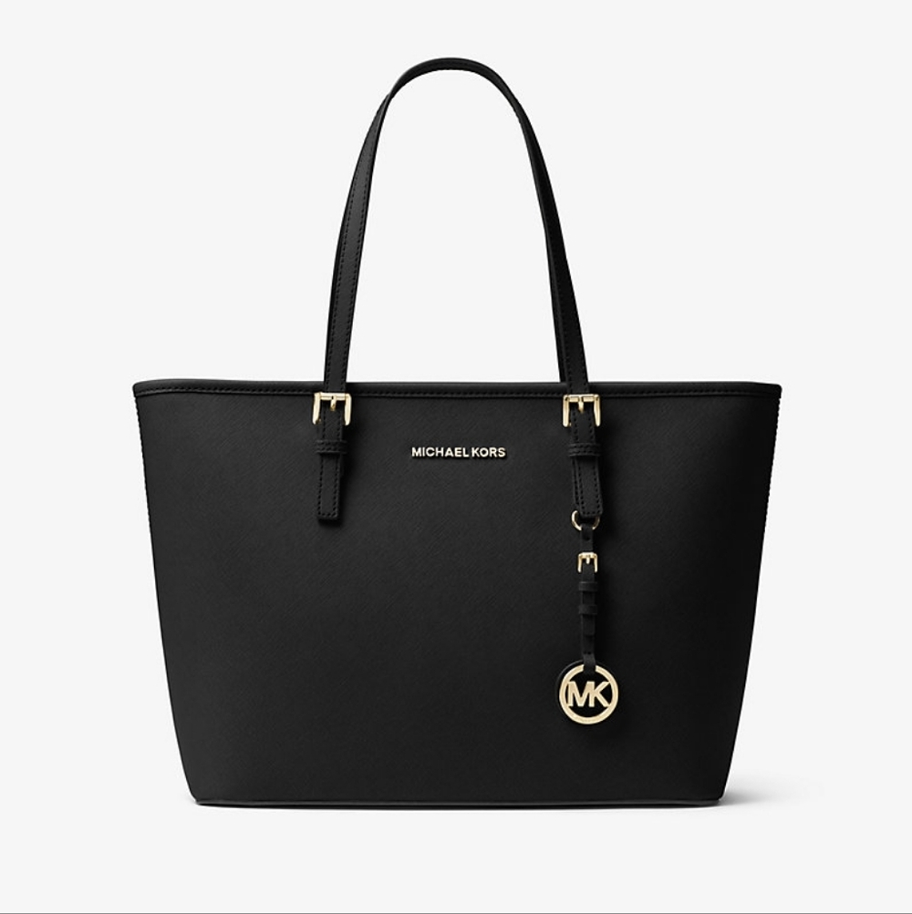 ​Michael Kors Black Jet Set Travel Saffiano Leather Top Zip Tote Bag Gold Charm